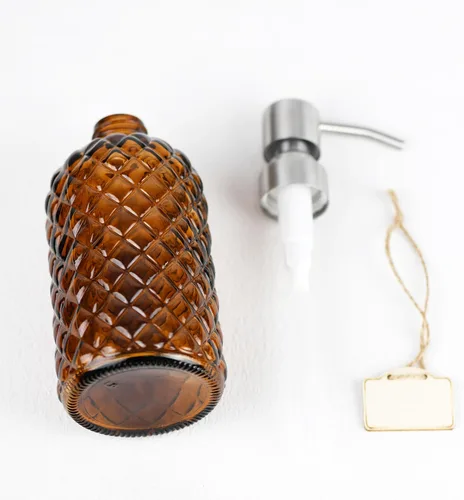 Vista 5 de Dispensador de jabón de vidrio con patrón de diamante de 16 onzas, dispensador de jabón recargable para cocina y baño, con bomba de acero inoxidable