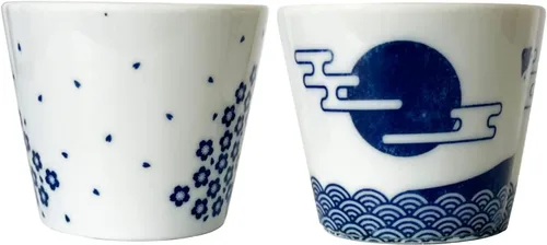 Vista 5 de Juego de 2 tazas de sake japonesas - Sakura y Monte Fuji Design, cerámica de color índigo, 3.9 onzas líquidas, para bebidas frías y calientes, taza