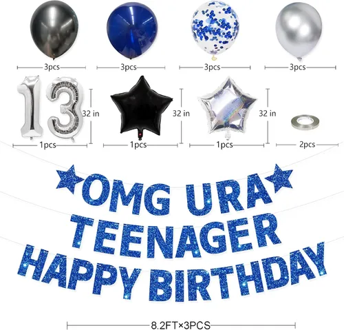 Vista 2 de Blue Omg Ur A Teenager - Cartel de feliz cumpleaños con flecos de papel de aluminio negro, telón de fondo plateado 13 para niños, decoración