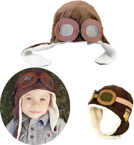 Vista 2 de Sombrero cálido de invierno para bebés, gorro de aviador piloto con patrón de gafas, color marrón, Marrón