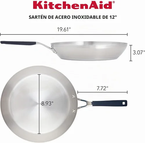 Vista 2 de KitchenAid - Sartén de inducción de acero inoxidable, 12 pulgadas Fácil limpieza, utensilios de cocina de acero inoxidable cepillado, apto