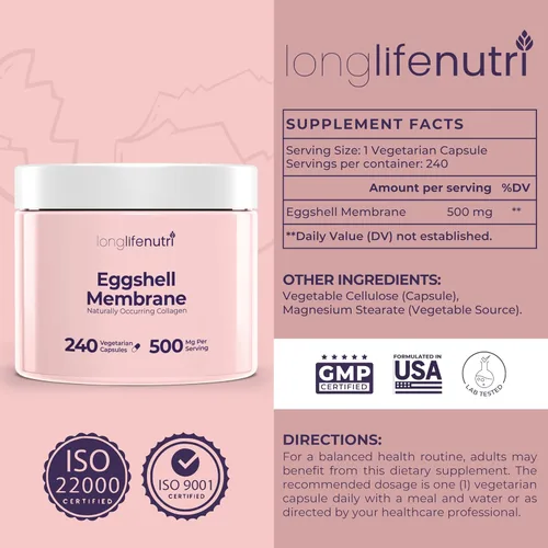 Vista 2 de LongLifeNutri Eggshell Membrane 500mg - Suplemento orgánico NEM para la función articular y comodidad, 240 cápsulas vegetarianas, suministro para 8