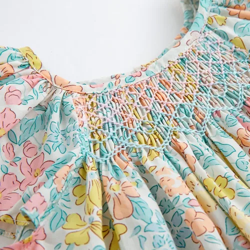 Vista 4 de Simplee kids Vestido casual para niñas pequeñas, vestido fruncido con estampado floral para primavera y verano de 1 a 6 años