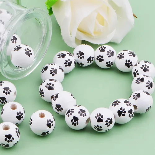 Vista 7 de 100 cuentas espaciadoras de madera con estampado de pata de perro de 0.63 pulgadas, cuentas redondas de huellas de perro en blanco y negro
