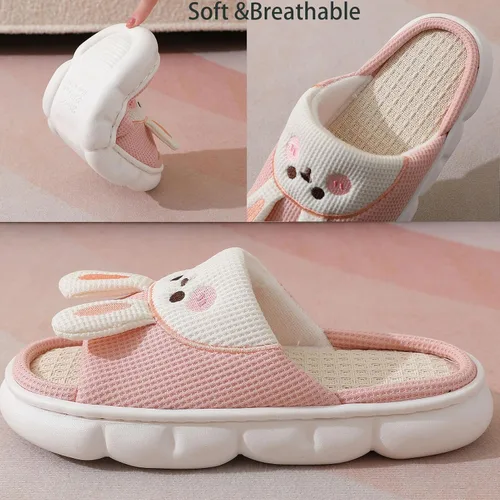 Vista 3 de Aucomfo Pantuflas de lino, bonitas pantuflas de animales para mujeres y hombres, bonitas pantuflas de casa para mujeres, pantuflas de casa kawaii