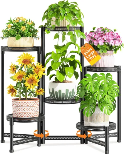 Vista 18 de LASZOLA Soporte plegable para plantas de interior de 7 niveles para múltiples macetas grandes, estante ajustable alto y resistente con bandeja de 10