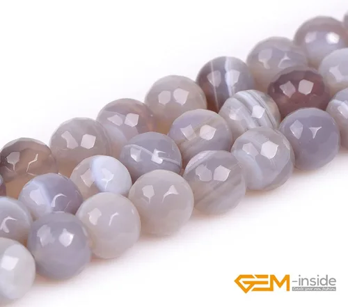 Vista 3 de GEM-Inside - Cuentas sueltas de ágata gris con banda para hacer joyas, redondas de 0.394 in, facetadas de 15 pulgadas