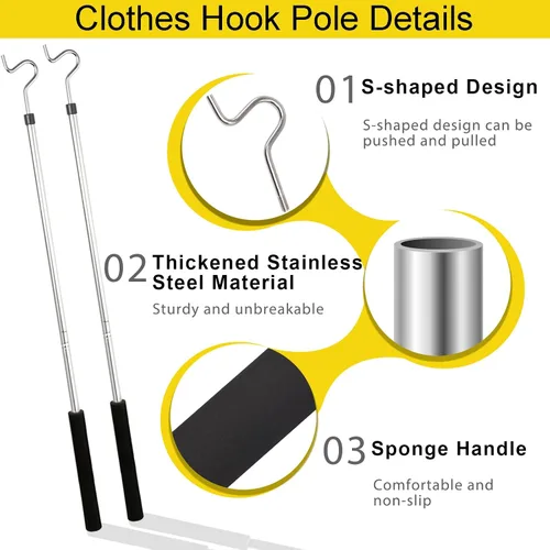 Vista 3 de Poste de gancho para ropa, gancho de alto alcance para colgar ropa, luz y plantas extensibles de 35 a 50 pulgadas, hecho de tubo de acero inoxidable