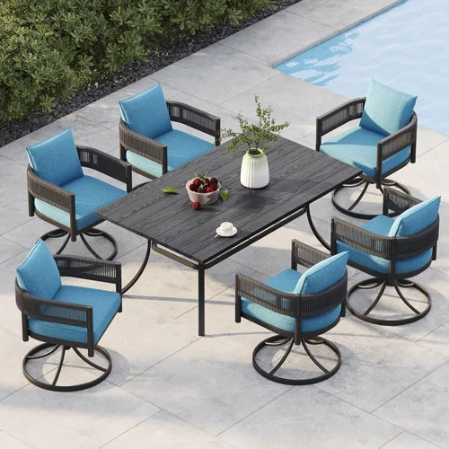 Vista 37 de Juego de comedor al aire libre Grand Patio de 5 piezas para 4, sillas de patio fijas de mimbre tejido metálico con cojines engrosados y 1 mesa