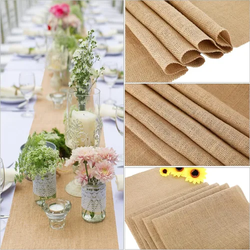 Vista 3 de Paquete de 12 caminos de mesa de arpillera de 12 x 71 pulgadas, camino de mesa rústico de yute a granel, decoración de boda, centros de mesa