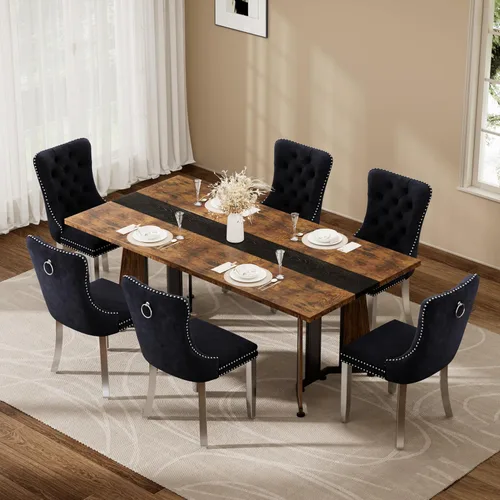 Vista 39 de Juego de mesa de comedor de 5 piezas con 4 sillas, mesa de comedor rectangular de madera de 71 pulgadas con sillas de comedor de terciopelo, tablero