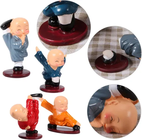 Vista 8 de HERCHR 4 piezas de estatua de monje pequeña, pequeña figura de monje Kung Fu, monje en miniatura, lindos monjes, mini estatua de resina