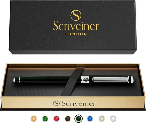 Vista 14 de Scriveiner Bolígrafo Rollerball de Laca Negra - Impresionante Bolígrafo de Lujo, Chapado en Oro Real, Repuesto de Tinta Schmidt, El Mejor Set de 1.