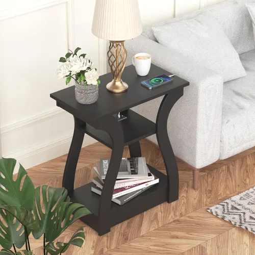 Vista 6 de FROMJBEST - Mesa auxiliar con estación de carga; mesa de lado con puertos USB y tomas de corriente; mesa de noche de sofá de 3 niveles para espacios