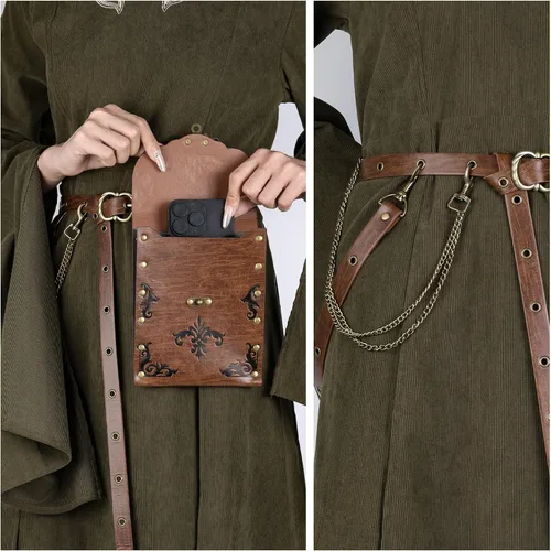 Vista 3 de HiiFeuer 2 cinturones medievales DIY con bolsa renacentista vintage de piel sintética, cadenas desmontables para mujer, bolsa delgada para cinturón