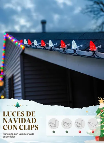 Vista 5 de Luces de Cadena LED de Navidad C9, 68 Pies 100 LED Luces de Techo Strawberry con 100 Clips Todo en Uno, Grado Comercial Impermeable Extensible
