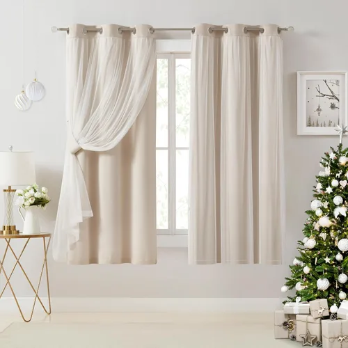 Vista 9 de Bujasso Cortinas 80% Opacas Beige con Superposición de Gasa Mezcla y Combinación Paneles de Ventana con Aislamiento Térmico de Doble Capa de 63