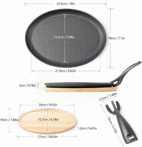 Vista 2 de HAWOK Fajita de hierro fundido con bandeja de bambú y asa Juego de 4 Negro-266-4