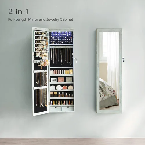 Vista 3 de SONGMICS - Gabinete organizador de joyas con 6 luces LED, para montar en la pared o en la puerta, de 47.3pulgadas de alto, con espejo y 2 cajones