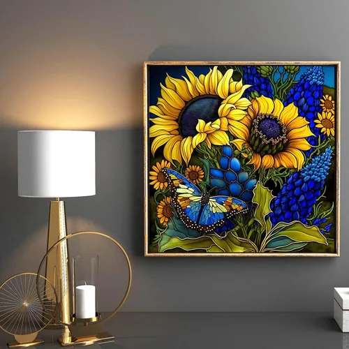 Vista 2 de Kits de pintura de diamantes de girasol para adultos, vidrieras de perforación completa de puntos de diamante para principiantes, pintura redonda 5D