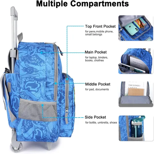 Vista 3 de Tilami Mochila rodante de 18 pulgadas con doble asa con bolsa de almuerzo con ruedas para niños