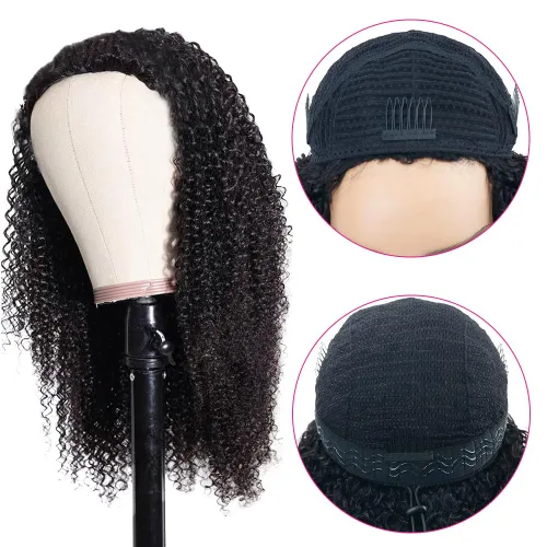 Vista 2 de Wear & Go Pelucas de cabello humano afro rizado sin pegamento, media peluca para mujeres negras, sin costuras, rizado, corte Bob Pixie, peluca
