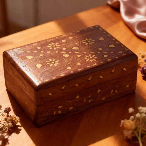 Vista 8 de GURU JEE Caja organizadora de madera con incrustaciones de latón floral con incrustaciones de latón
