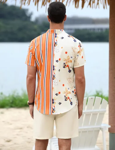 Vista 4 de TURETRENDY Conjunto de 2 piezas de lino para hombre, camisa con botones y pantalones cortos