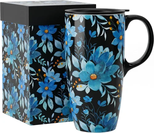 Vista 12 de DUSVALLY Juego de 2 tazas de viaje de cerámica con tapas, juego de tazas florales grandes de 17 onzas con asas, aptas para microondas