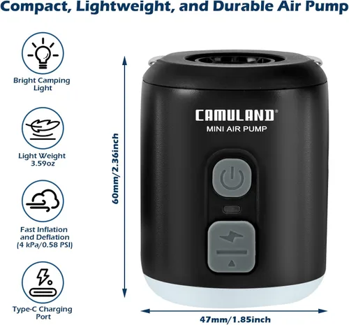 Vista 4 de CAMULAND Mini bomba de aire con diseño magnético, linterna de campamento, bomba eléctrica para inflables con batería de 1400 mAh recargable
