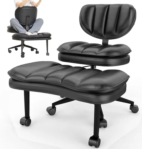 Vista 10 de HOMRELEXA Silla de oficina con patas cruzadas, silla de escritorio ergonómica cruzada en nube, silla de meditación con ruedas, asiento ajustable
