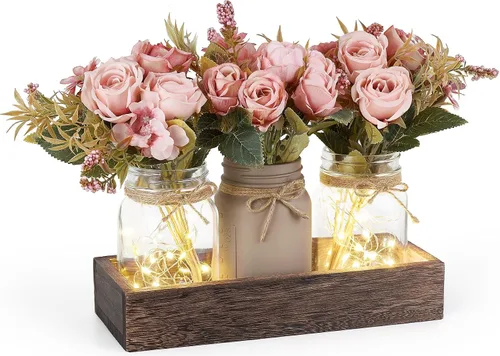 Vista 10 de Mkono Luces de Frasco Mason Centro de Mesa Decoración de Mesa para Comedor Bandeja de Madera Estilo Granja con 3 Frascos Flores Piezas Centrales