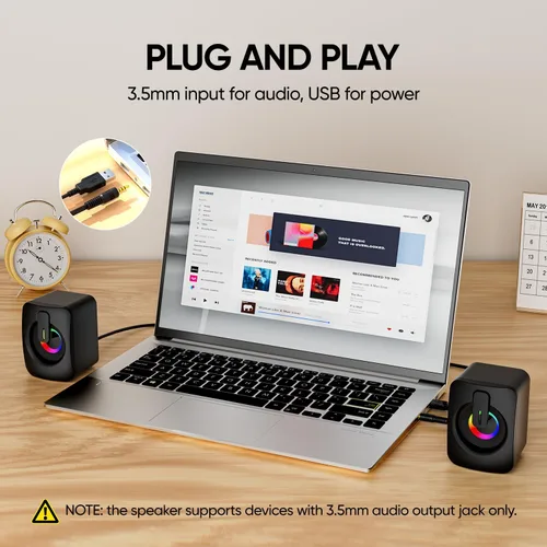 Vista 4 de MELOGAGA altavoces RGB para computadora, altavoces para PC con alimentación USB con retroiluminación LED de 7 colores, barra de sonido compacta