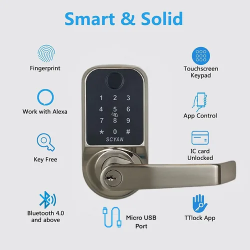 Vista 2 de SCYAN Scyan X1 - Cerradura de puerta inteligente, cerradura biométrica de huella dactilar 5 en 1, cerradura de puerta con teclado con pantalla