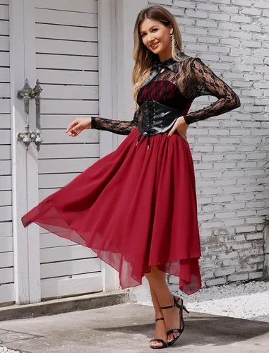 Vista 4 de IWEMEK Vestido gótico steampunk para mujer con corsé, encaje floral, vestido de cóctel con vuelo, pañuelo, vestido punk de vapor para Halloween