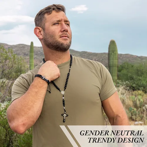 Vista 3 de MAZUNDA Cuentas de rosario, perfectas para hombres y grandes mujeres católicas con medalla de San Benito, pulseras de cruz de cuero de cortesía