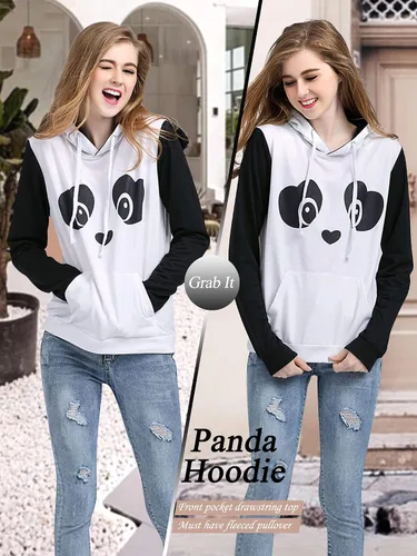 Vista 4 de ZXZY Sudaderas con capucha de manga larga con estampado de panda de mezcla de algodón para mujer, Blanco