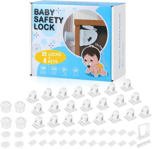 Vista 7 de Paquete de 4 cerraduras magnéticas para gabinete para seguridad infantil, cerraduras de cajones a prueba de bebés, cerraduras magnéticas