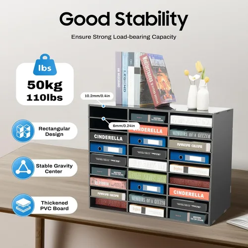 Vista 5 de Organizador de literatura ajustable, clasificador de archivos de escritorio, 27 ranuras, centro de correo, gabinete de almacenamiento de papel