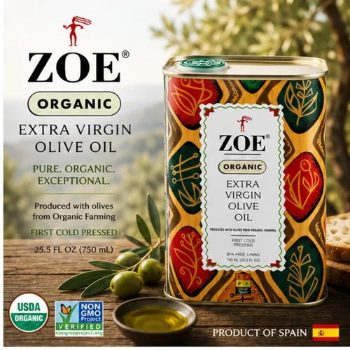 Vista 4 de Zoe, Aceite de oliva virgen extra orgánico, 25.5 onzas