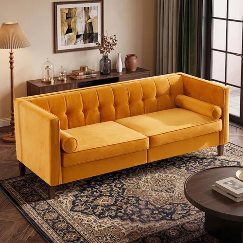 Vista 15 de Sofá de terciopelo de 78 pulgadas, sofá de 3 plazas con almohadas de refuerzo, diseño copetudo con botones Azul