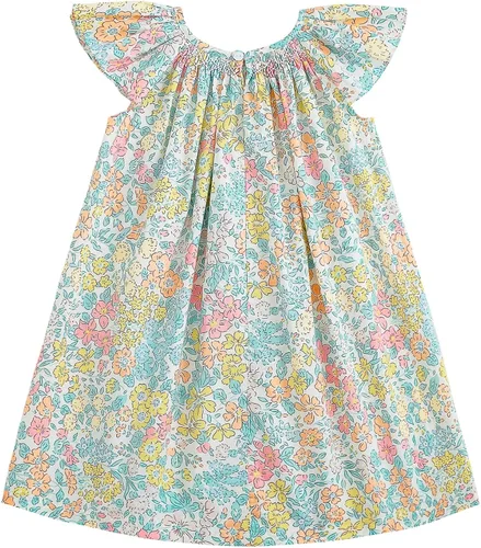 Vista 2 de Simplee kids Vestido casual para niñas pequeñas, vestido fruncido con estampado floral para primavera y verano de 1 a 6 años
