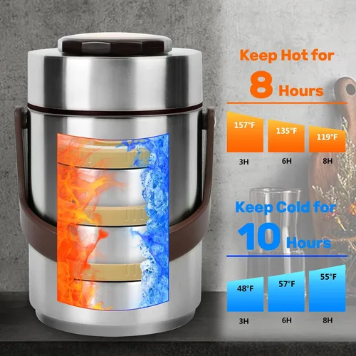 Vista 3 de Termo de 3 capas para alimentos calientes y sopa de 67 onzas con bolsa de almuerzo Sealed Stackable Stainless Steel Insulated Bento Box, Ideal for