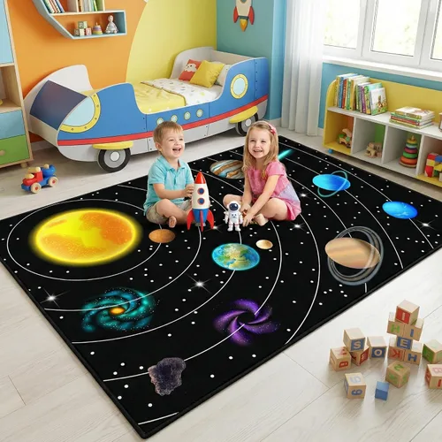 Vista 17 de Alfombra espacial para habitación de niños, alfombra de galaxia para niños, alfombras espaciales para dormitorio de niños, decoración