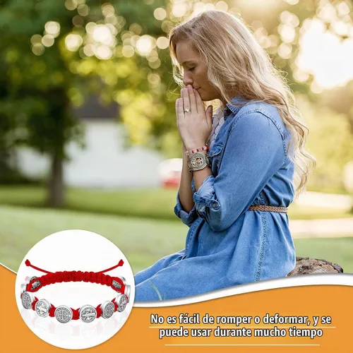 Vista 5 de Paquete de 12/6 piezas Pulseras de San Benito Protección hechas a mano con cordón rojo y negro, pulseras de muñeca Benedict ajustables, medalla
