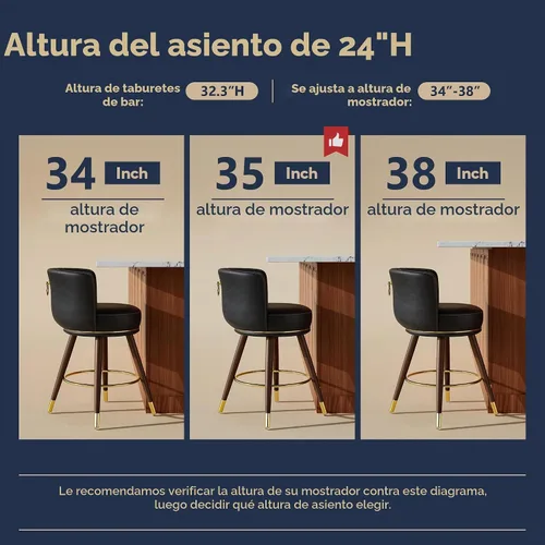 Vista 3 de SeekFancy - Juego de 2 taburetes de bar giratorios de cuero negro de 24 pulgadas Upholstered pleated backs, wood legs, gold footrests, 300lbs