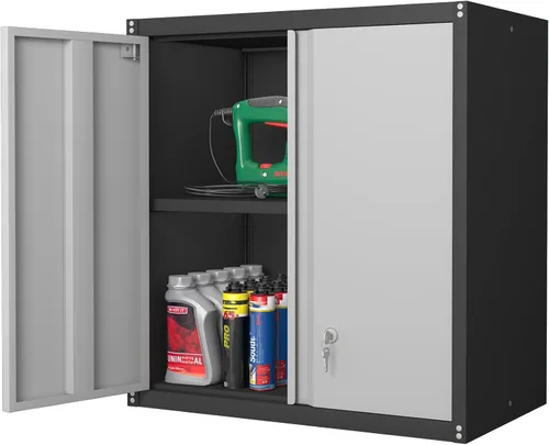 Vista 18 de Armario de almacenamiento de garaje de 28 pulgadas de alto, gabinetes de pared de garaje de metal con puertas y estantes, gabinete pequeño