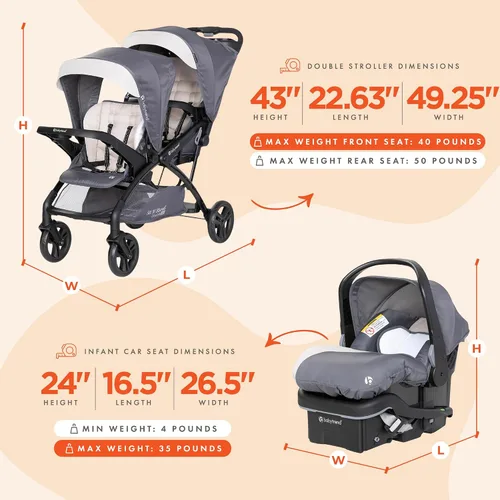 Vista 3 de Baby Trend Sit N' Stand Cochecito doble tándem con 2 asientos de coche para bebé EZ-Lift Plus, Magnolia
