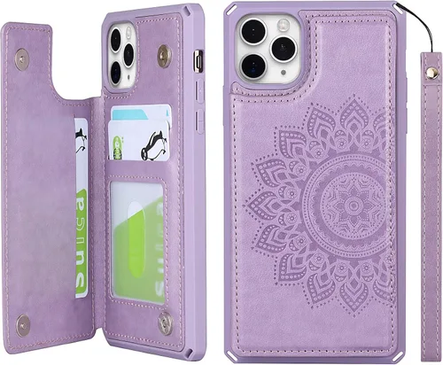 Vista 12 de iCoverCase Funda compatible con iPhone 11 Pro Max con tarjetero para mujer, bloqueo RFID en relieve, piel sintética con correa de muñeca para 11pro