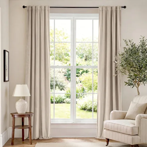 Vista 128 de Lazzzy Cortinas opacas de terciopelo beige de 84 pulgadas de largo con aislamiento térmico para oscurecer la habitación, cortinas forradas de lujo